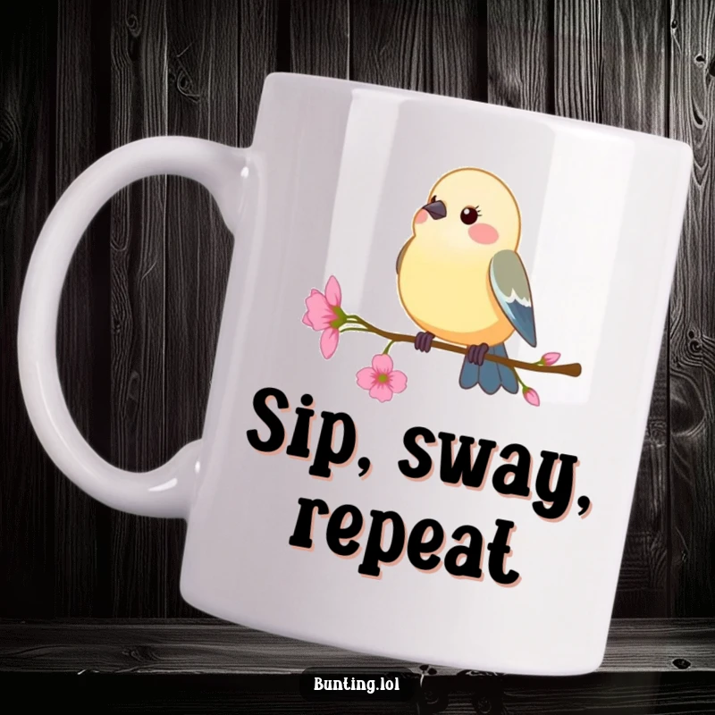 Funny Mug: A bunting bird perches on a delicate flower stem, swaying gently, embodying peaceful and humorous grace.