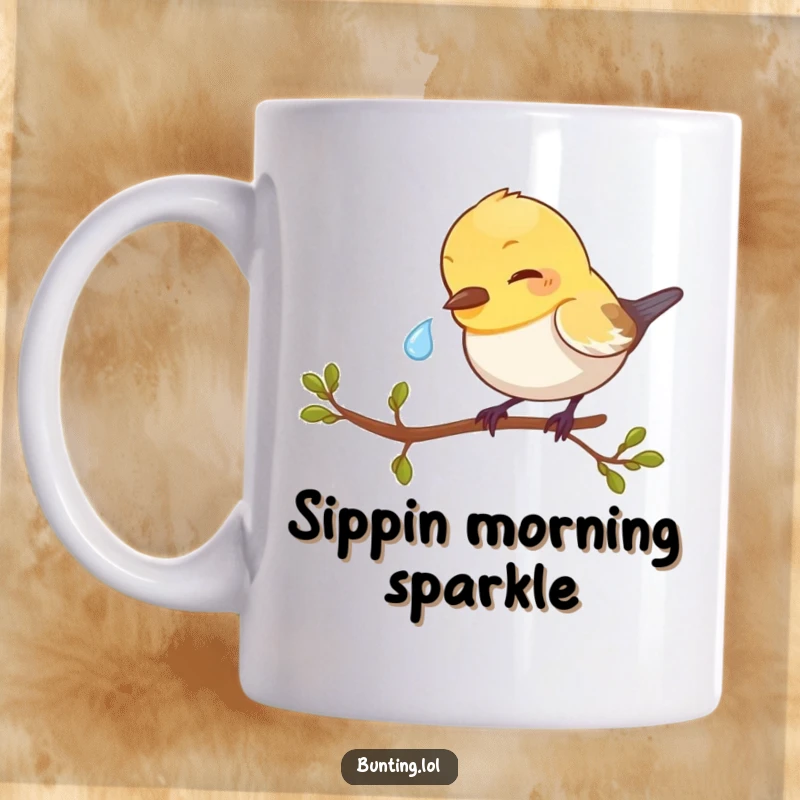 Funny Bunting Mug featuring a small bird delicately pecking at a glistening dewdrop with intense focus.