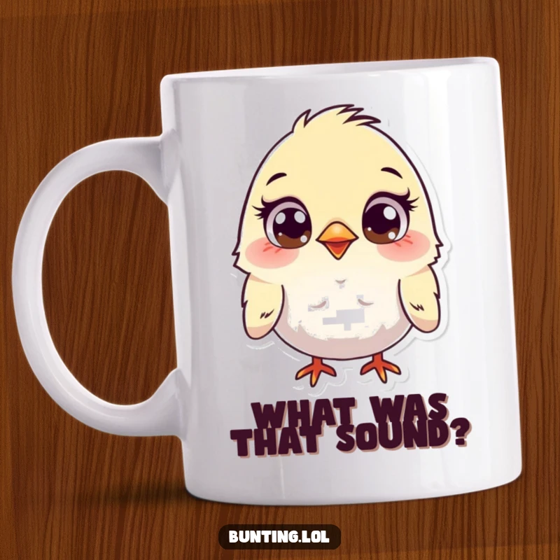 Funny Bunting Mug featuring a cute bunting bird with wide, curious eyes, looking around in adorable wonder, a perfect gift for bird watchers.