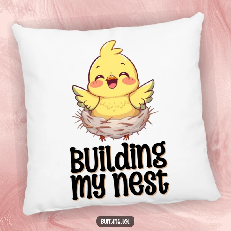 Funny bunting pillow showing a bird collecting nesting material with a joyful expression, adding humor and warmth to any room.