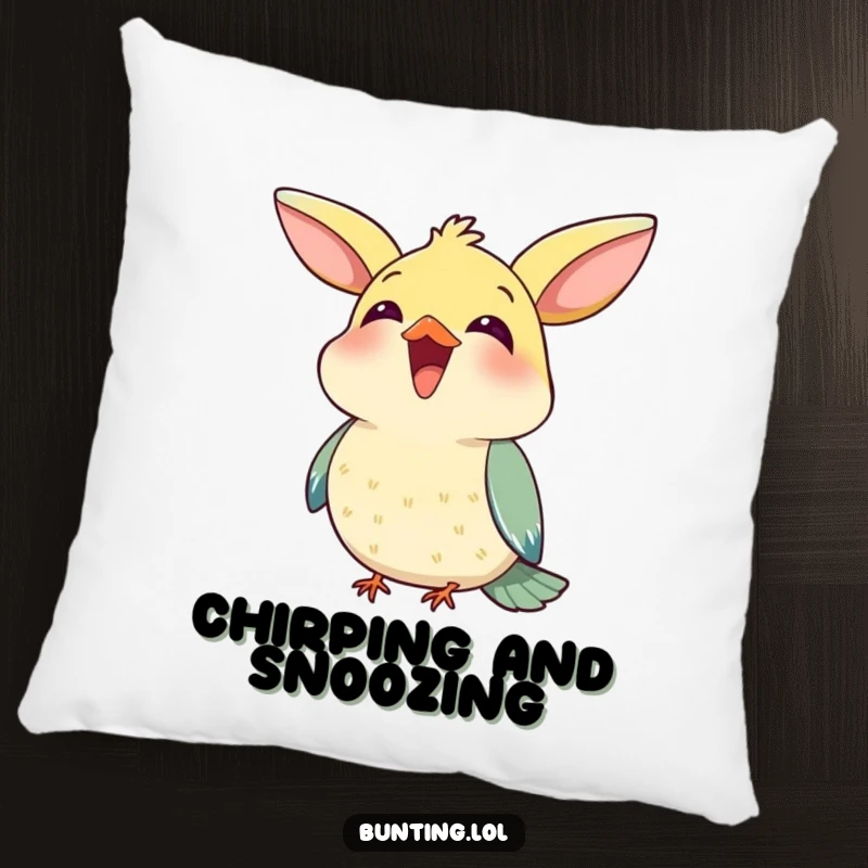 Funny Pillow featuring a cute bunting bird happily chirping with its beak open, perfect for adding a musical touch.