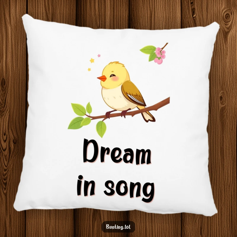 Funny bunting bird pillow showcasing a songbird chirping with delight while perched on a branch, providing comfort and humor.