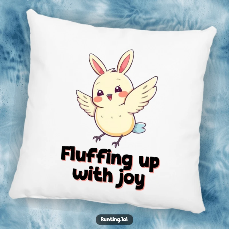 Funny Bunting Pillow featuring a cute bird doing a joyful wing flutter, offering comfort and humor, an excellent funny gift for home decor.