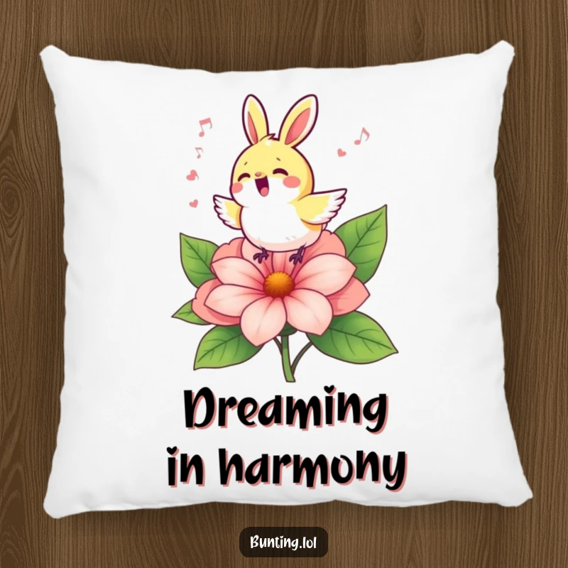 Funny bunting bird perched on a flower, singing a cheerful tune, perfect for a cozy and funny pillow.