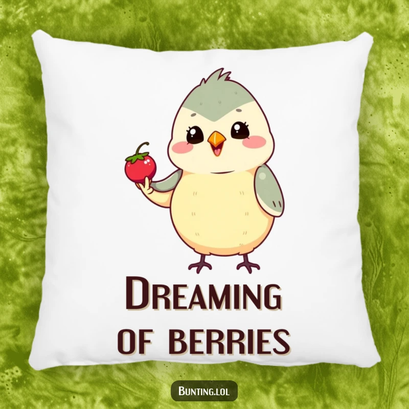 Funny Bunting Pillow featuring a cute bird proudly holding a tiny berry, offering comfort and humor, an excellent funny gift for home decor.