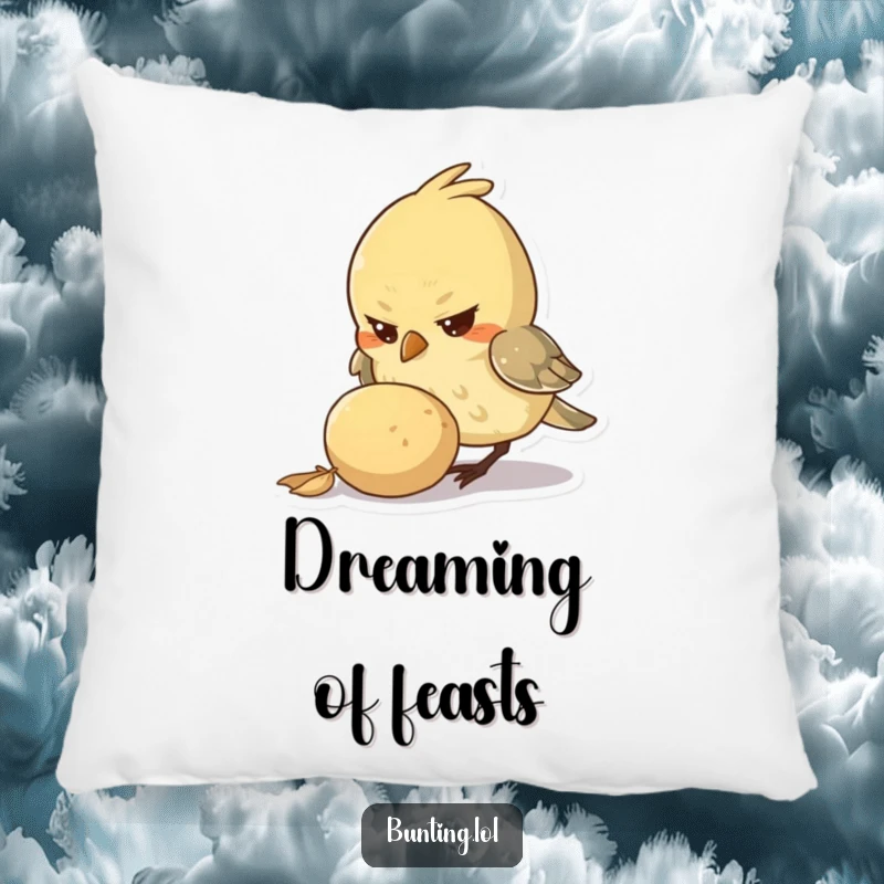 Funny Pillow with a small bird character showing determination while pecking at a large seed, offering comfort and a humorous motivational touch.