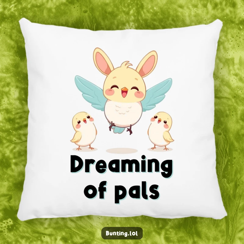 Funny bunting bird joyfully flying towards a group of friends, bringing warmth and cheer to this cozy pillow.