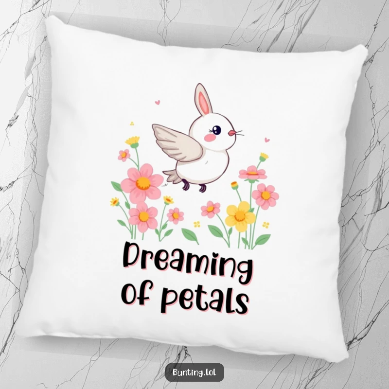 Funny Bunting Pillow featuring a bird zipping through flowers, adding vibrant humor.