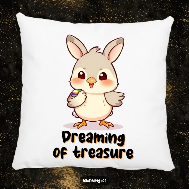 Funny Bunting Pillow featuring a bird playfully pecking at a shiny object, offering comfort and a touch of funny wonder.