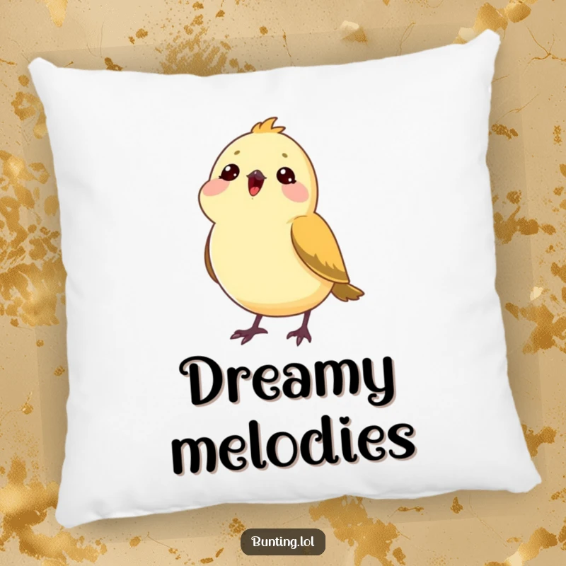 Funny bunting bird pillow depicting a bunting tilting its head, enjoying a song, offering comfort and serene humor.
