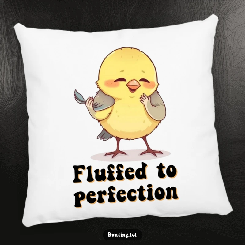 Funny bunting pillow, featuring a bird comically preening its smallest feather, perfect for adding quirky comfort.