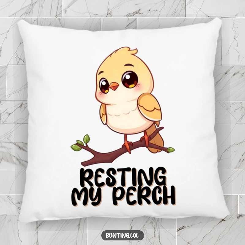 Funny pillow featuring a cheerful bird with large, curious eyes, perched on a twig, offering comfort and humor.