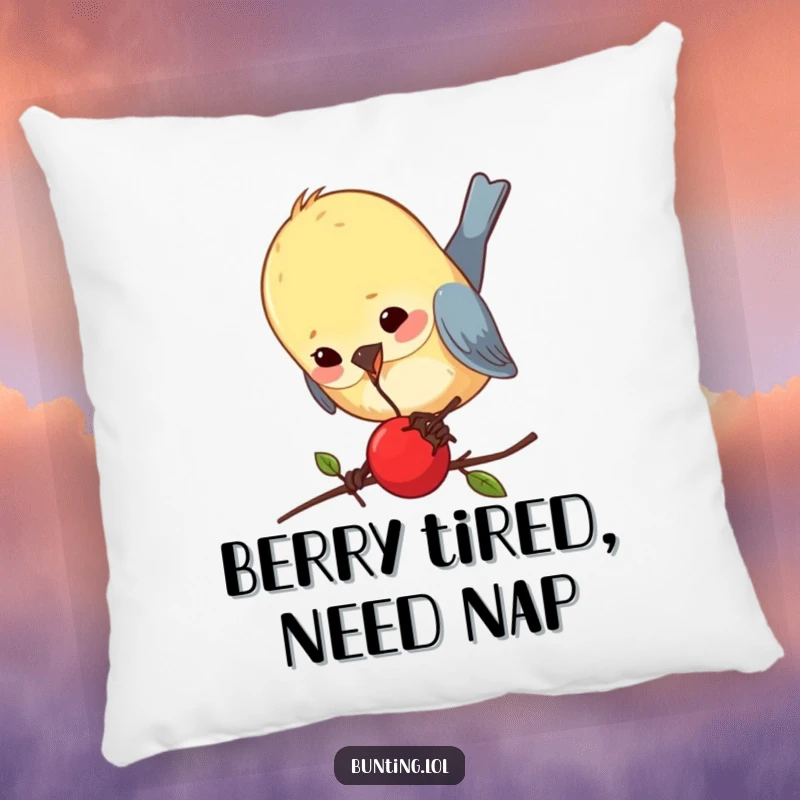 Funny bunting pillow depicting a bird comically pecking a tiny berry, adding a touch of whimsical humor to any cozy space.