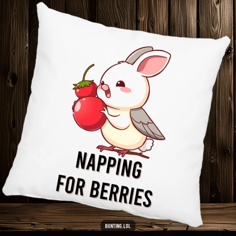 Funny bunting bird character eagerly reaching for a tempting berry, on a soft pillow, bringing comfort and a touch of playful hunger.