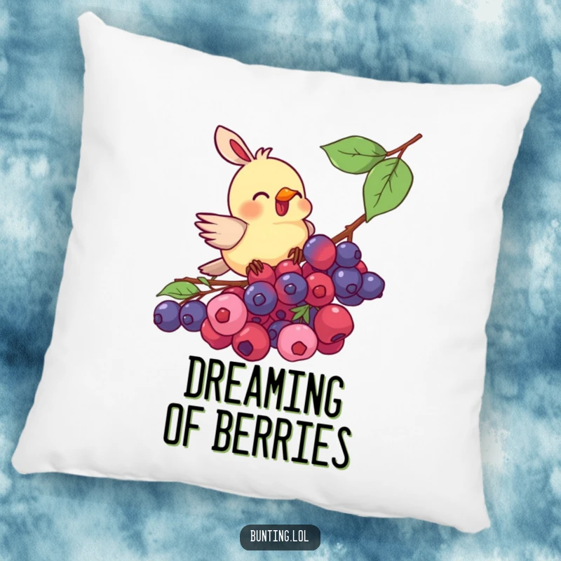 Funny bunting bird pillow, depicted mid-peck at a juicy cluster of berries, offering a humorous and soft touch to home decor.