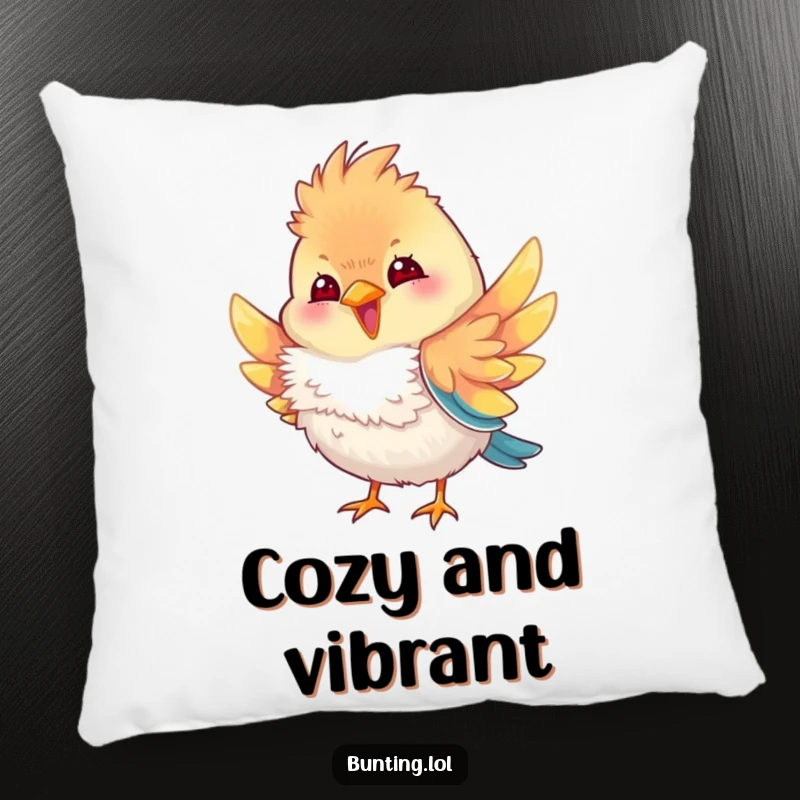 Funny bunting bird pillow with a bunting character playfully fluffing its colorful feathers, offering comfort and a dose of humorous, stylish charm to any seating area.