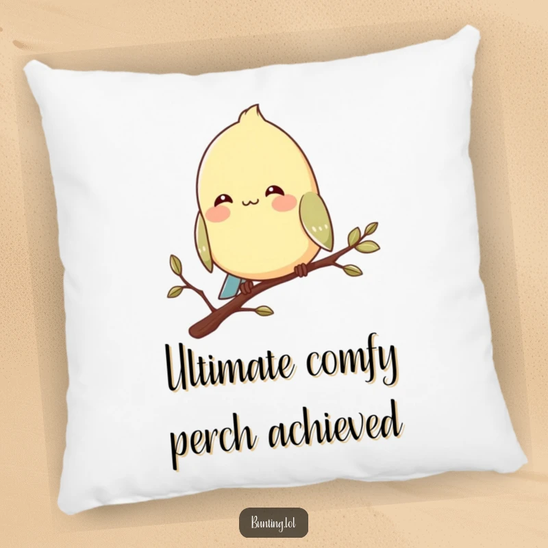Funny bunting bird pillow featuring a character perched contentedly on a branch with a happy smile, adding comfort.