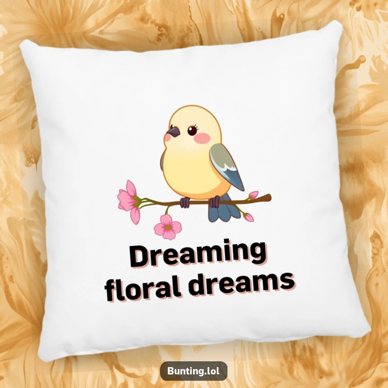Funny Pillow: Bunting bird perching on a delicate flower stem, swaying gently, offering humorous comfort and decor.