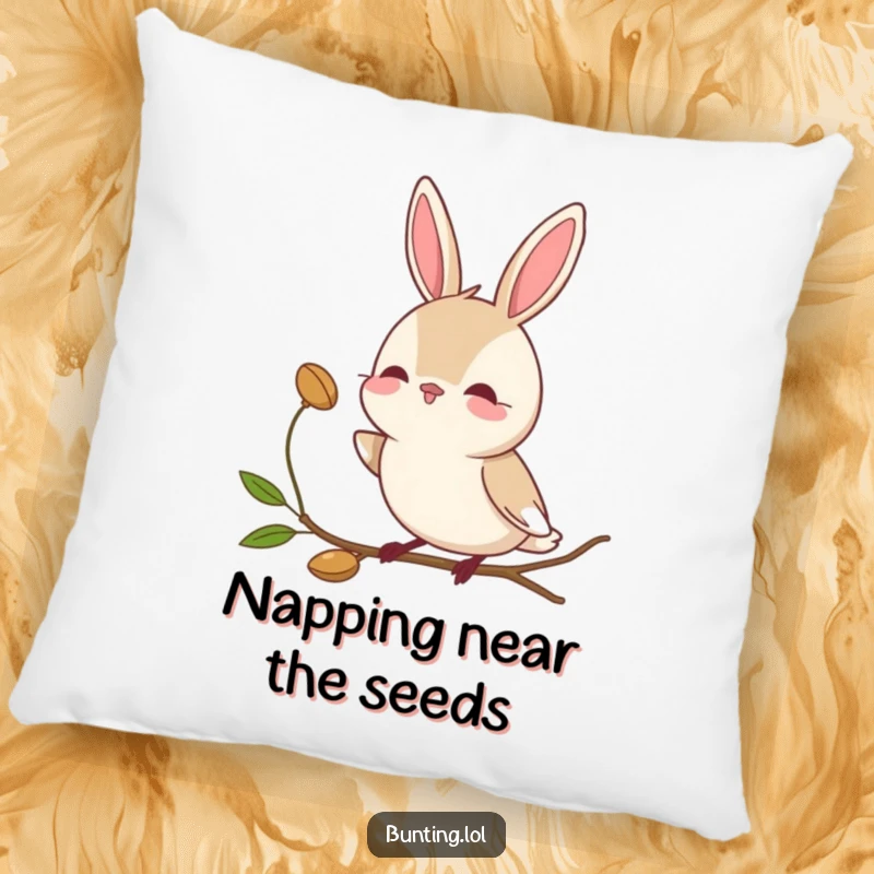 Funny bunting bird pillow featuring a character tilting its head curiously towards a seed, adding gentle humor.