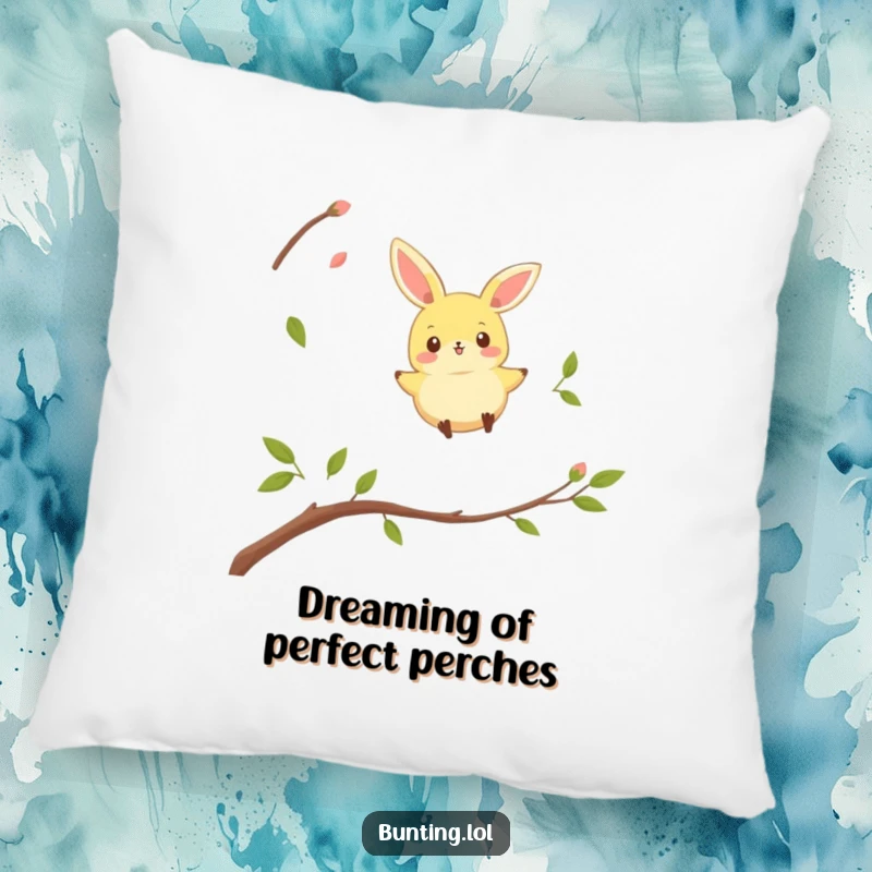 Funny bunting bird pillow featuring a character caught mid-hop between twigs, adding playful humor to any room.