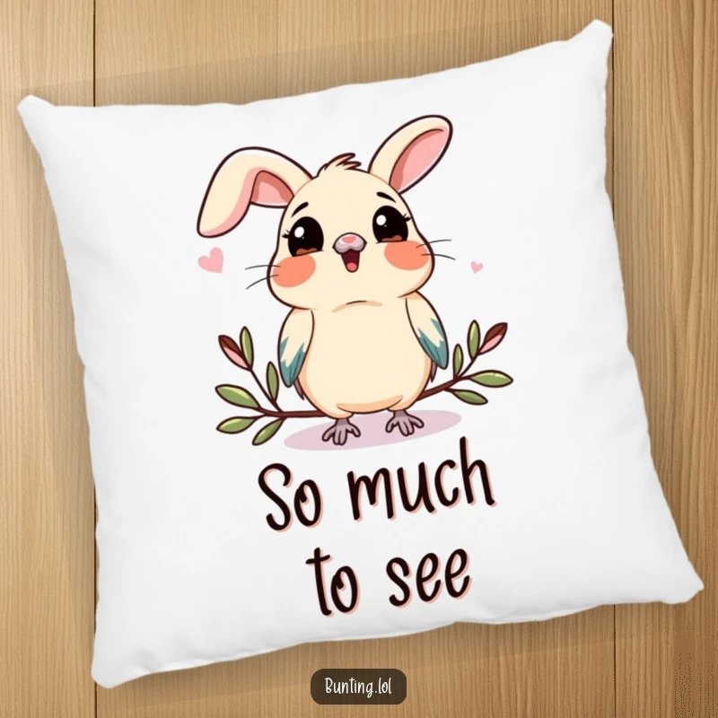 Funny bunting pillow showing a bird tilting its head, observing something new with a look of gentle curiosity and humor.