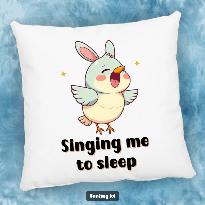 Funny bunting pillow showing a cute bird character cheerfully singing with its beak open, adding joy and melody to any room.