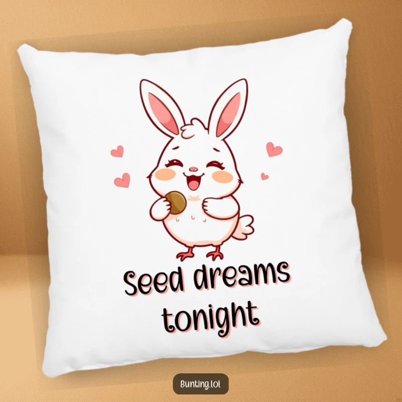 Funny bunting pillow showing a delighted bird smiling and sharing a tasty seed, offering comfort and cheerful decor.