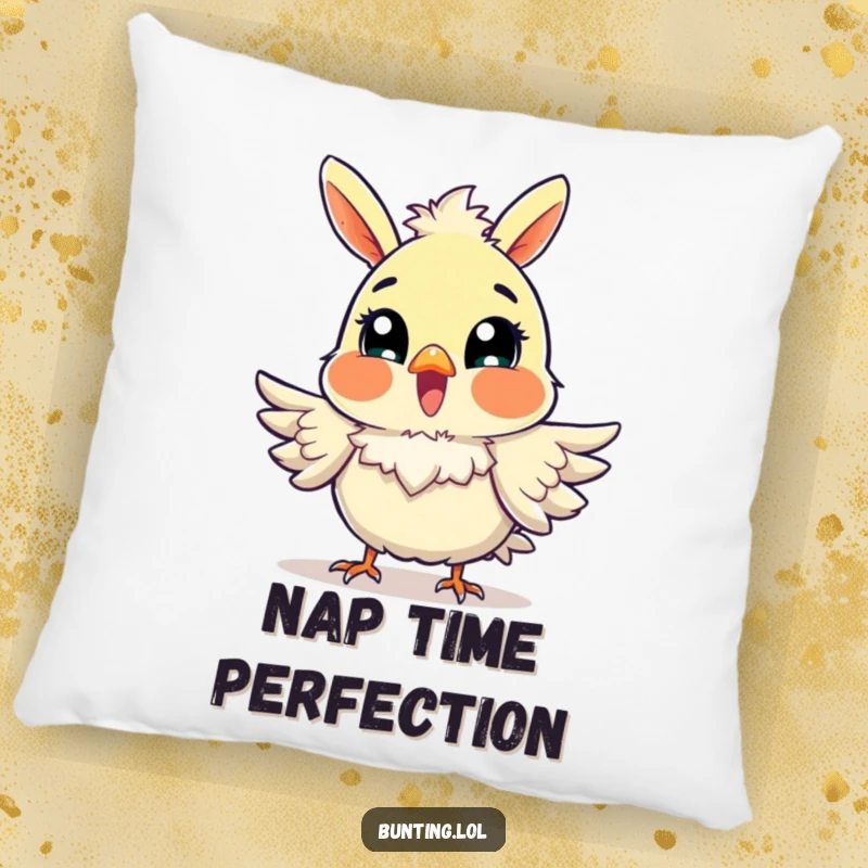 Funny Bunting Pillow featuring an excited bird fluffing its feathers, offering comfort and a dose of funny cheer.