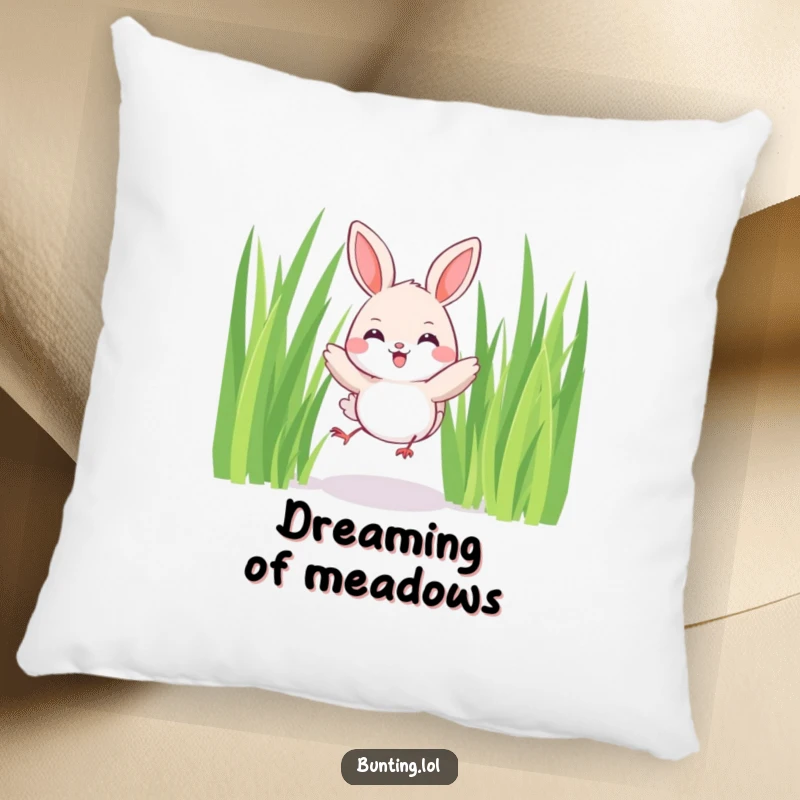 Funny Bunting Pillow featuring a cute bird joyfully hopping among tall blades of grass, offering comfort and a dose of funny joy.
