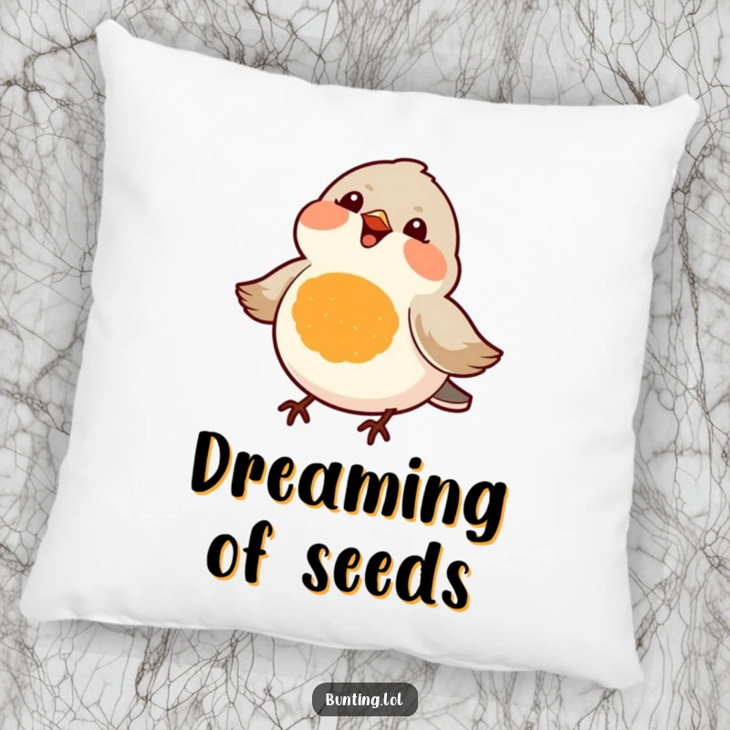 Funny pillow featuring a small bird with a bright orange chest, joyfully singing, adding a touch of comfort and humor to any room.