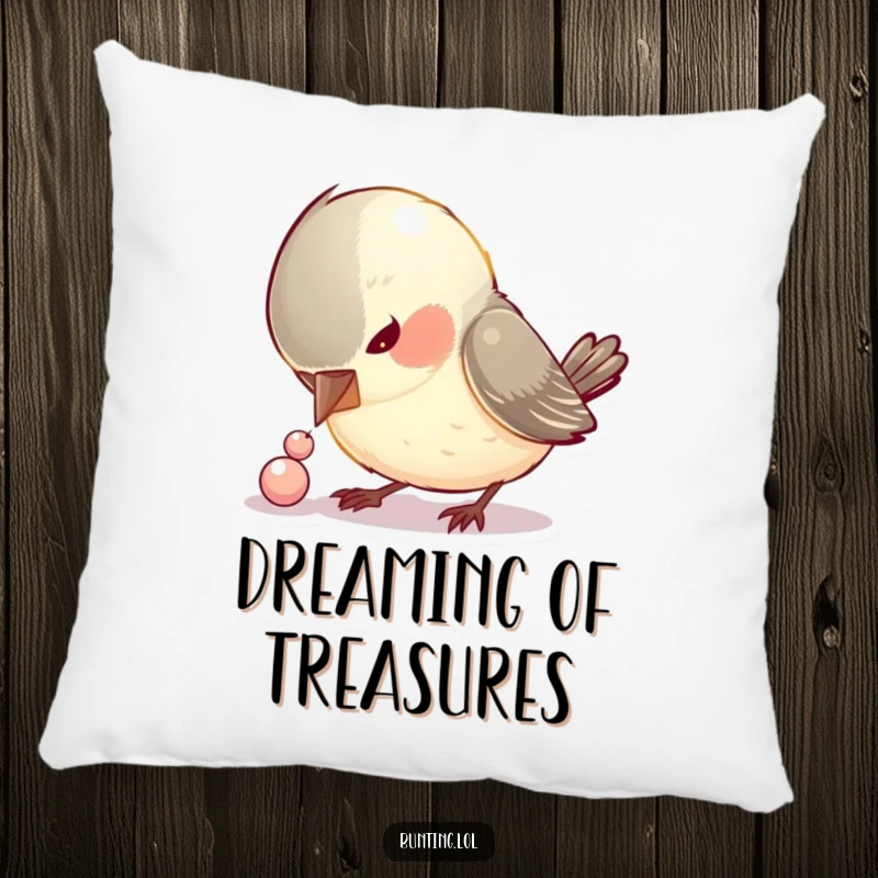 Funny pillow featuring a curious bird pecking at a small, shiny bead, offering comfort and a humorous story.