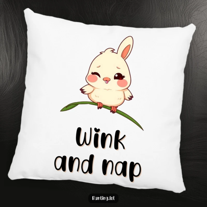 Funny bunting pillow with a mischievous bird winking from a blade of grass, offering comfort and playful decor.