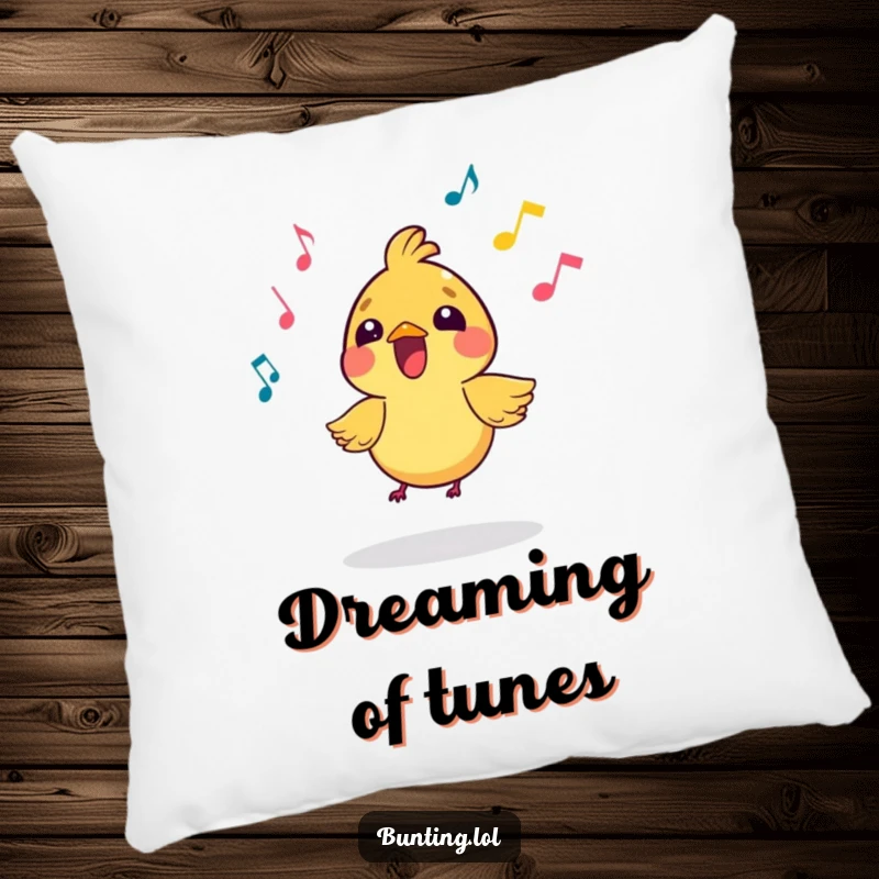 Funny Pillow adorned with a small, vibrant bird character enthusiastically singing, with musical notes gently floating, offering soft comfort and visual delight.