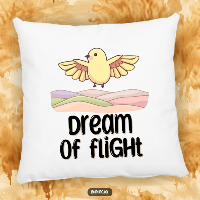 Funny Pillow with a bunting bird shape soaring over rolling hills, offering soft comfort and a humorous sense of boundless freedom.