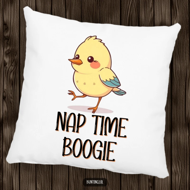 Funny Pillow featuring a bunting bird character comically tapping its feet in rhythm, offering soft comfort and a delightful visual beat.