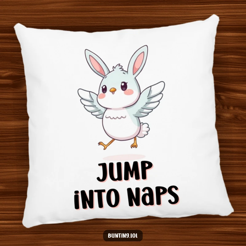 Funny bunting bird hopping energetically with wings spread, bringing cheerful vibes to this cozy pillow.