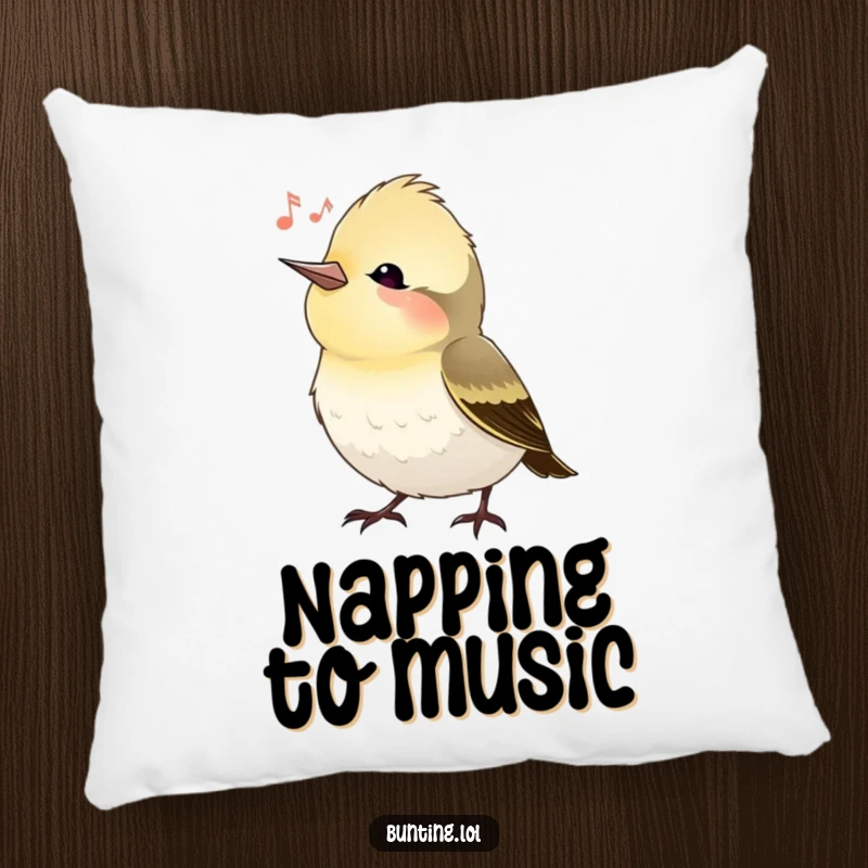 Funny bunting bird pillow featuring a bird tilting its head, listening peacefully, adding cozy humor to any living space as a funny gift.