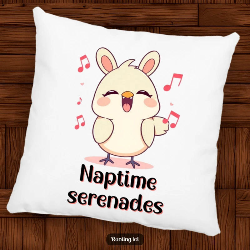 Funny Pillow showcasing a cute bunting character in a joyful singing pose, adding a musical touch to comfort.
