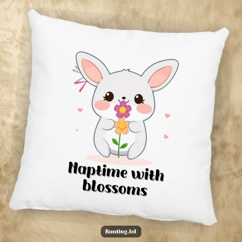 Funny Bunting Pillow featuring a smiling bird offering a flower, a soft and heartwarming decorative piece.