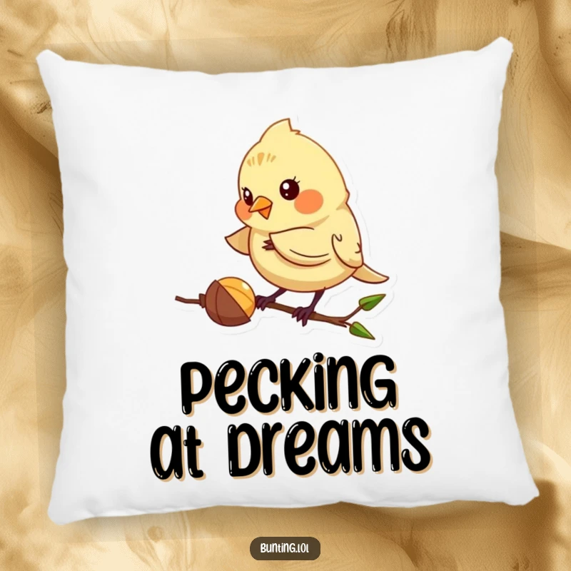 Funny Bunting Pillow featuring a cute bird playfully pecking at a seed, offering comfort and humor, an excellent funny gift for home decor.