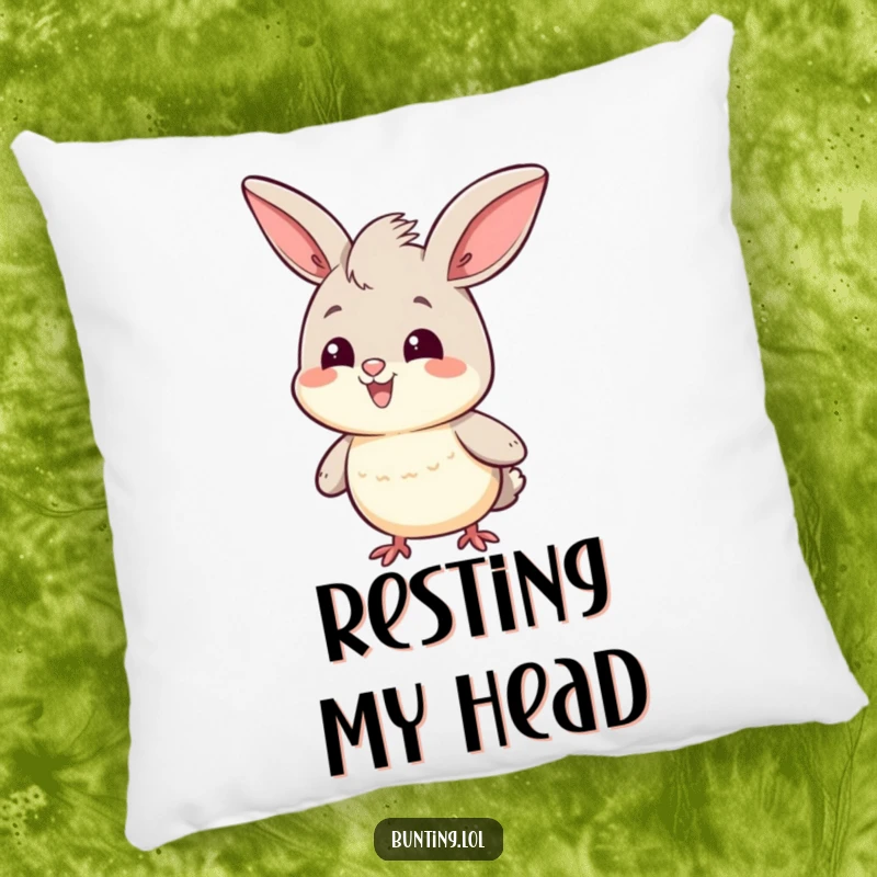 Funny Pillow showcasing a cute bunting character doing a proud head bob, bringing a sense of happy confidence.