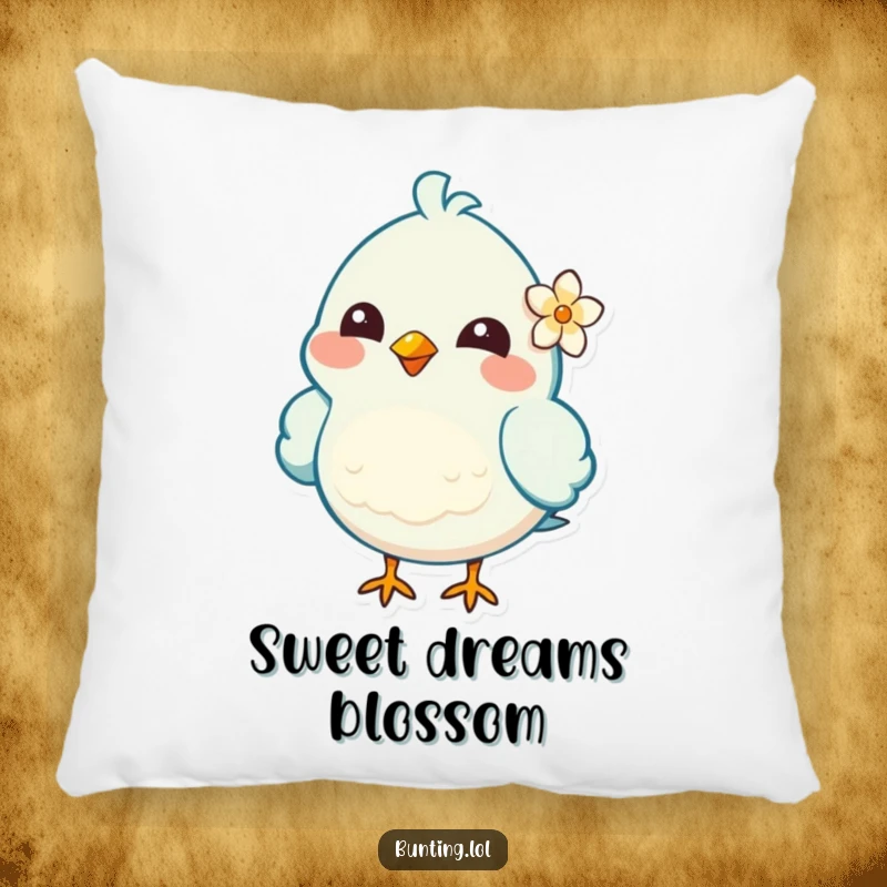 Funny Pillow with a cheerful bird character featuring a tiny flower behind its ear, offering soft comfort and a touch of sweet humor.