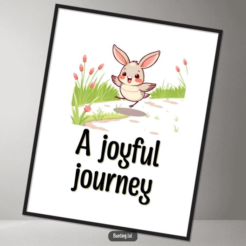 Funny bunting bird digital art print of a bird hopping on a grassy path, bringing instant joy and humor, a perfect funny gift download.