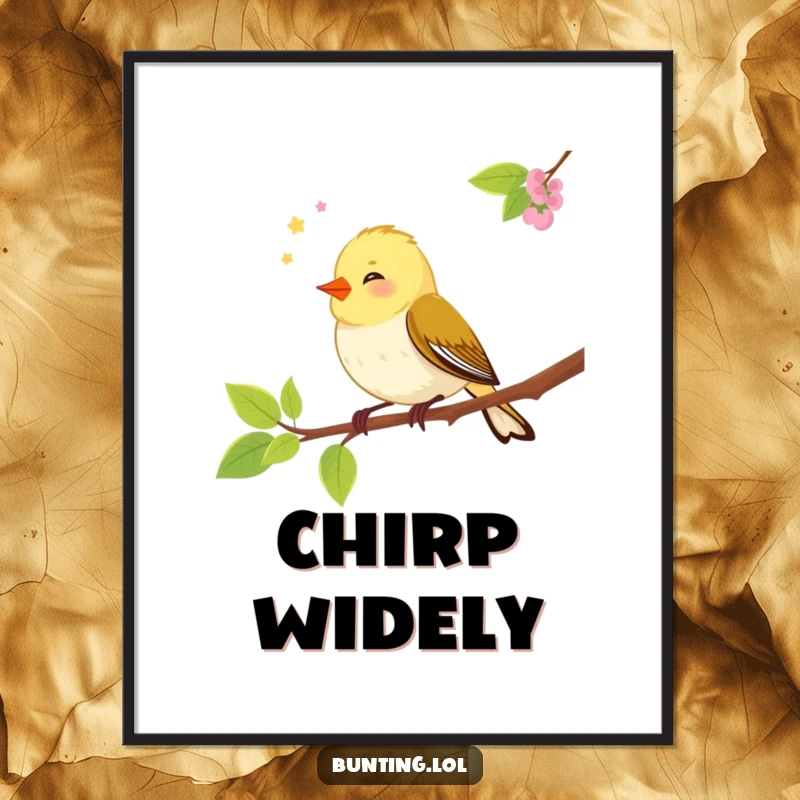Funny bunting bird digital art print of a songbird chirping merrily on a branch, perfect for instant, humorous wall decor.