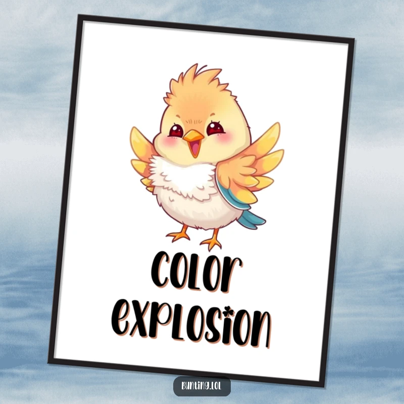 Funny bunting bird digital art print of a bunting character playfully fluffing its colorful feathers, conveying pure avian vanity and humorous, stylish charm.
