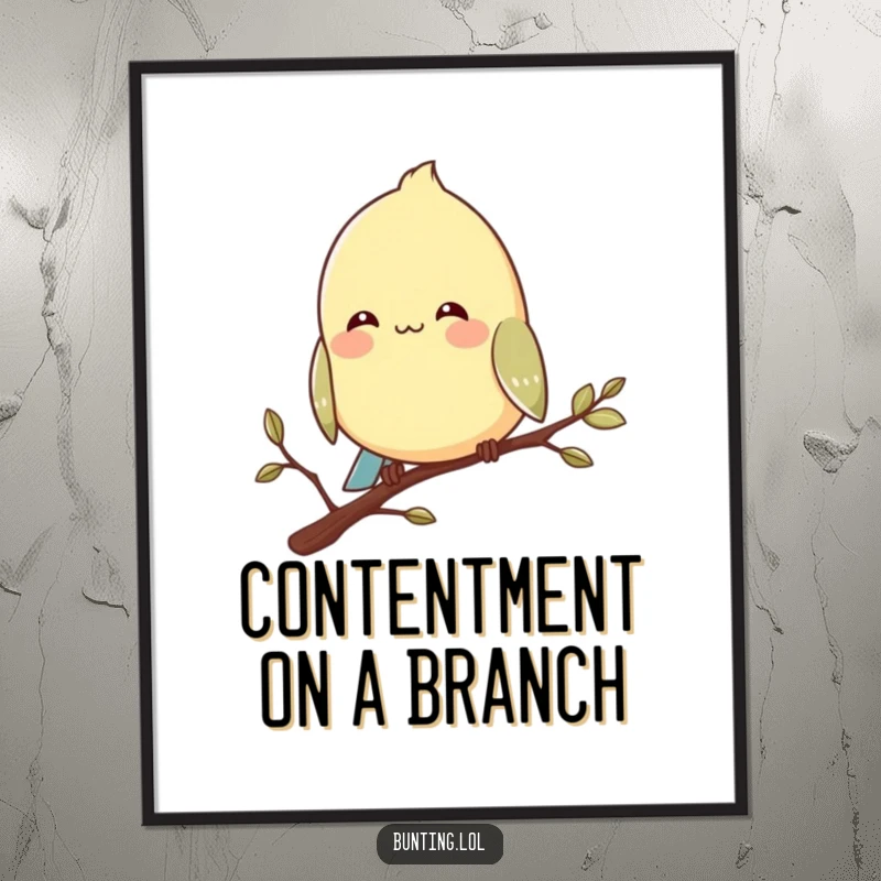 Funny bunting bird digital art print of a character perched contentedly on a branch with a smile, for instant calm decor.