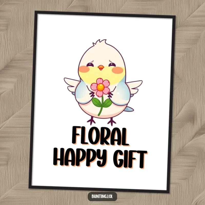 Funny Digital Art of a smiling bunting bird offering a colorful flower, bringing instant heartwarming humor.
