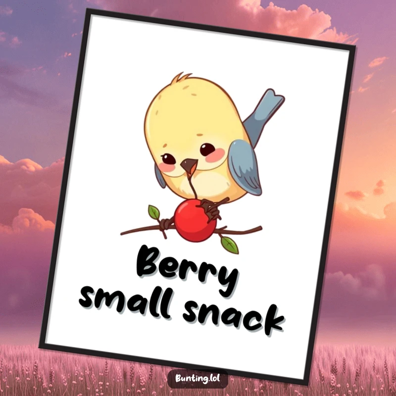 Funny bunting digital art print capturing a bird comically pecking an incredibly small berry, perfect for a humorous wall display.