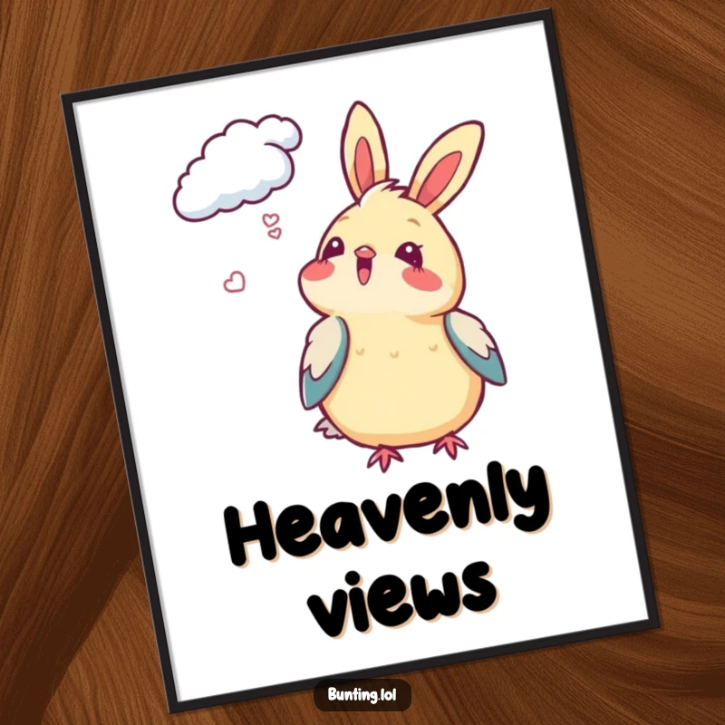 Funny Bunting Digital Art Print showing a bird looking at clouds with delight, ideal for uplifting and joyful wall decor.