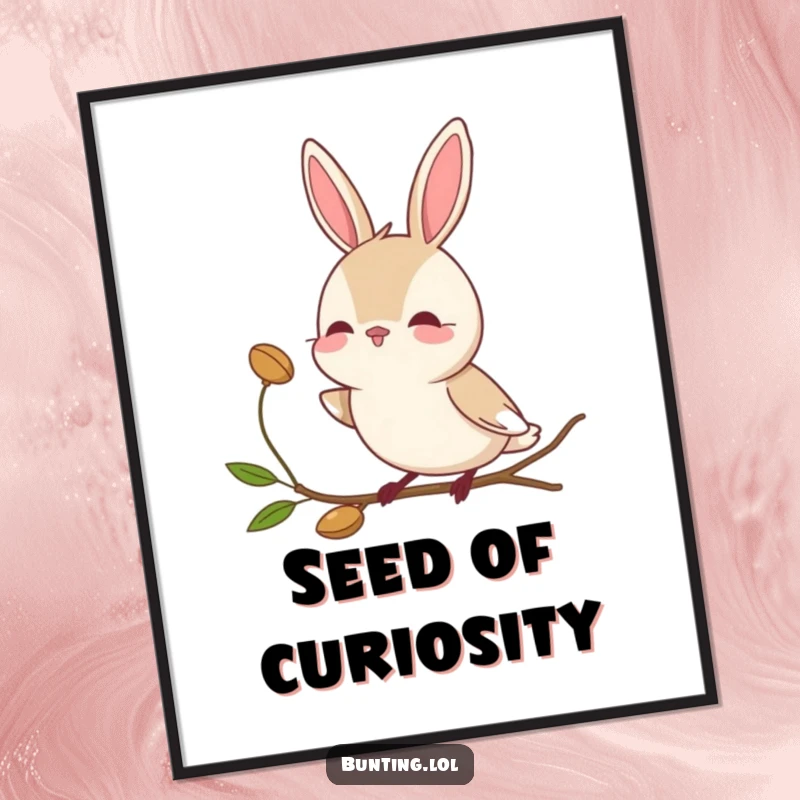 Funny bunting bird digital art print of a character tilting its head curiously towards a seed, for instant decor.